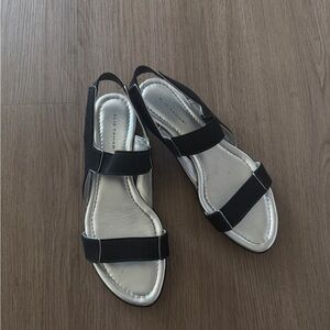 Elie Tahari Black Elastic Strap Slingback Sandals with Silver Insole